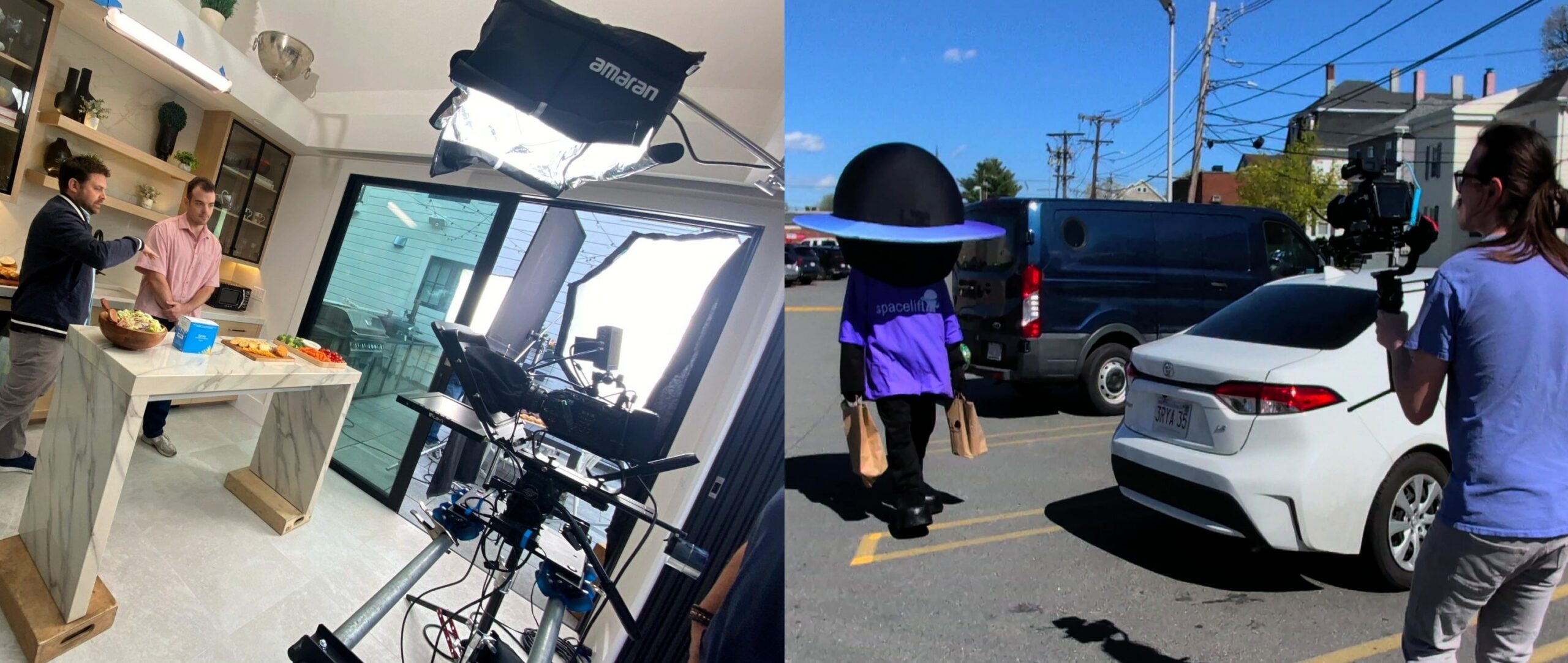 The left side of the image is a large scale production with lots of crew and equipment and the right half is just a person with a camera filming a scene